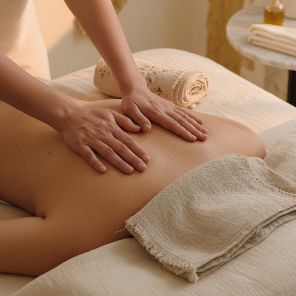 Hands giving a back massage on a linen-covered table.
